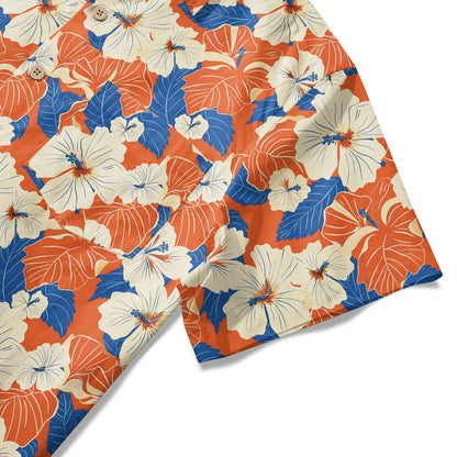 LeosWare® Men's Hawaiian Shirt Short Sleeve Button-up 100% Cotton Orange Aloha Orange Blue Hibiscus Whispers