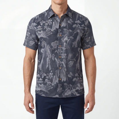 LeosWare® Men's Hawaiian Shirt Short Sleeve Button-up 100% Cotton Gray Aloha Eastern Mountain Ranges And Dragons