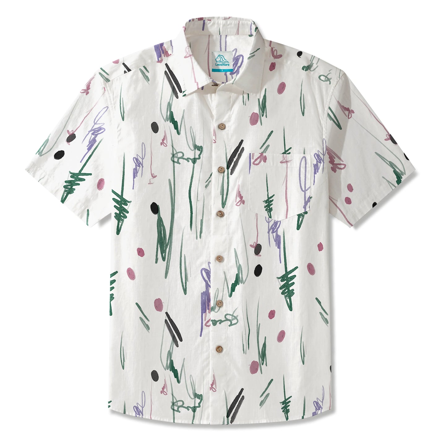 LeosWare® Men's Hawaiian Shirt Short Sleeve Button-up 100% Cotton Green Aloha Whimsical Traces