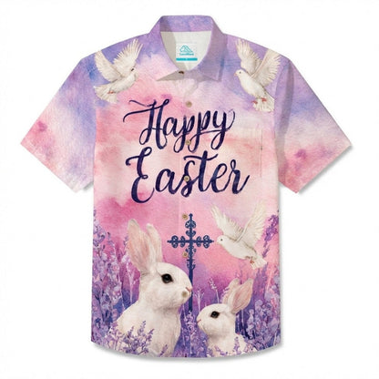 LeosWare® Men's Hawaiian Shirt Short Sleeve Button-up Breathable & Quick-Dry Aloha Easter Bunny Egg Garden