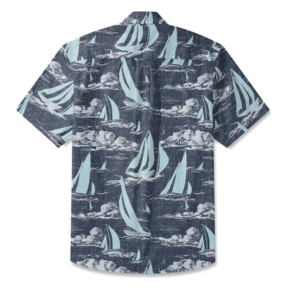 LeosWare® Sailboat Men's Hawaiian Shirt Short Sleeve Button-up 100% Cotton Blue Aloha Sailing To The Horizon