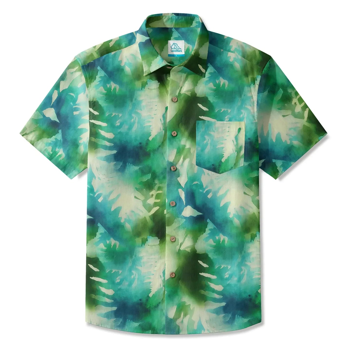LeosWare® Men's Hawaiian Shirt Short Sleeve Button-up 100% Cotton Green Aloha Misty Forest Cascade