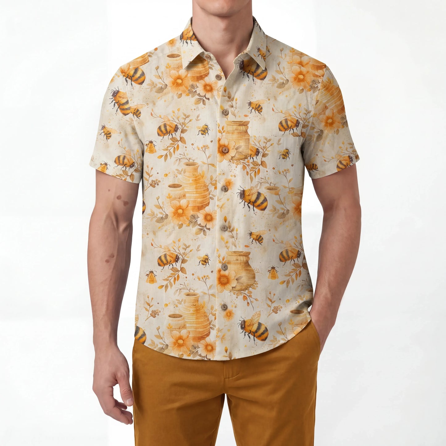LeosWare® Men's Hawaiian Shirt Short Sleeve Button-up 100% Cotton Yellow Aloha Autumn Harvest In The Honey Garden Bee