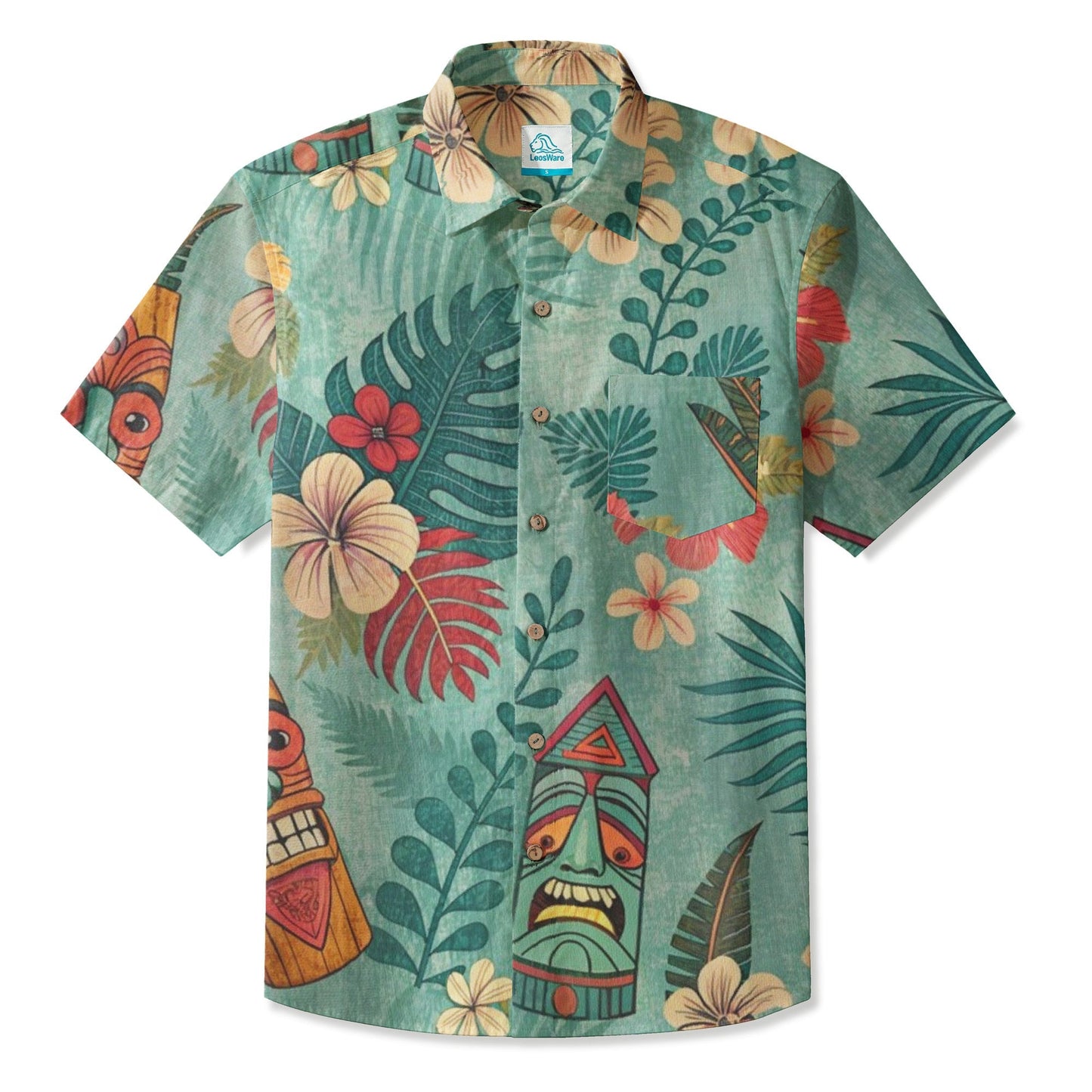 LeosWare® Men's Hawaiian Shirt Short Sleeve Button-up 95% Polyester, 5% Spandex Aloha Tropical Blossom