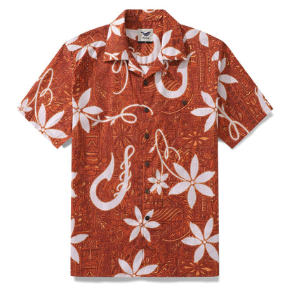 Red Hawaiian Shirt For Men Tiki Hawaii Shirt Camp Collar 100% Cotton Shirt