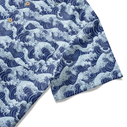 LeosWare® Men's Hawaiian Shirt Short Sleeve Button-up 100% Cotton Blue Aloha Blue Wave World
