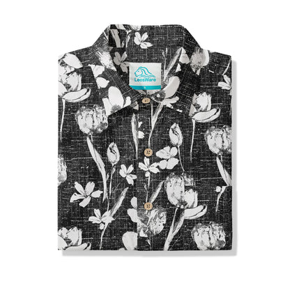 LeosWare® Flower Men's Hawaiian Shirt Short Sleeve Button-up 100% Cotton Black Aloha Ink Strokes And Flower Traces