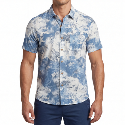 LeosWare® Men's Hawaiian Shirt Short Sleeve Button-up 100% Cotton Blue Aloha Blue And White Abstract Dream