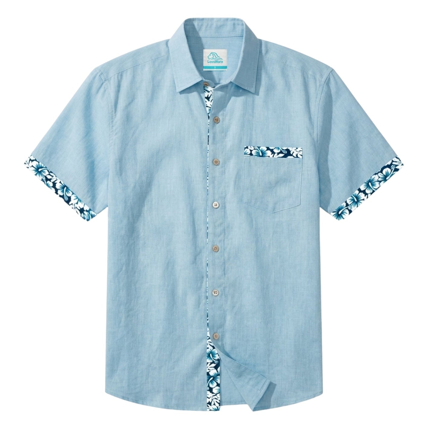 LeosWare® Men's Hawaiian Shirt Short Sleeve Button-up Breathable & Quick-Dry Aloha Floral Accents On Solid Color