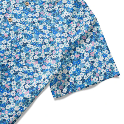 LeosWare® Flower Men's Hawaiian Shirt Short Sleeve Button-up 100% Cotton Blue Aloha Blue Sea Flower Trail
