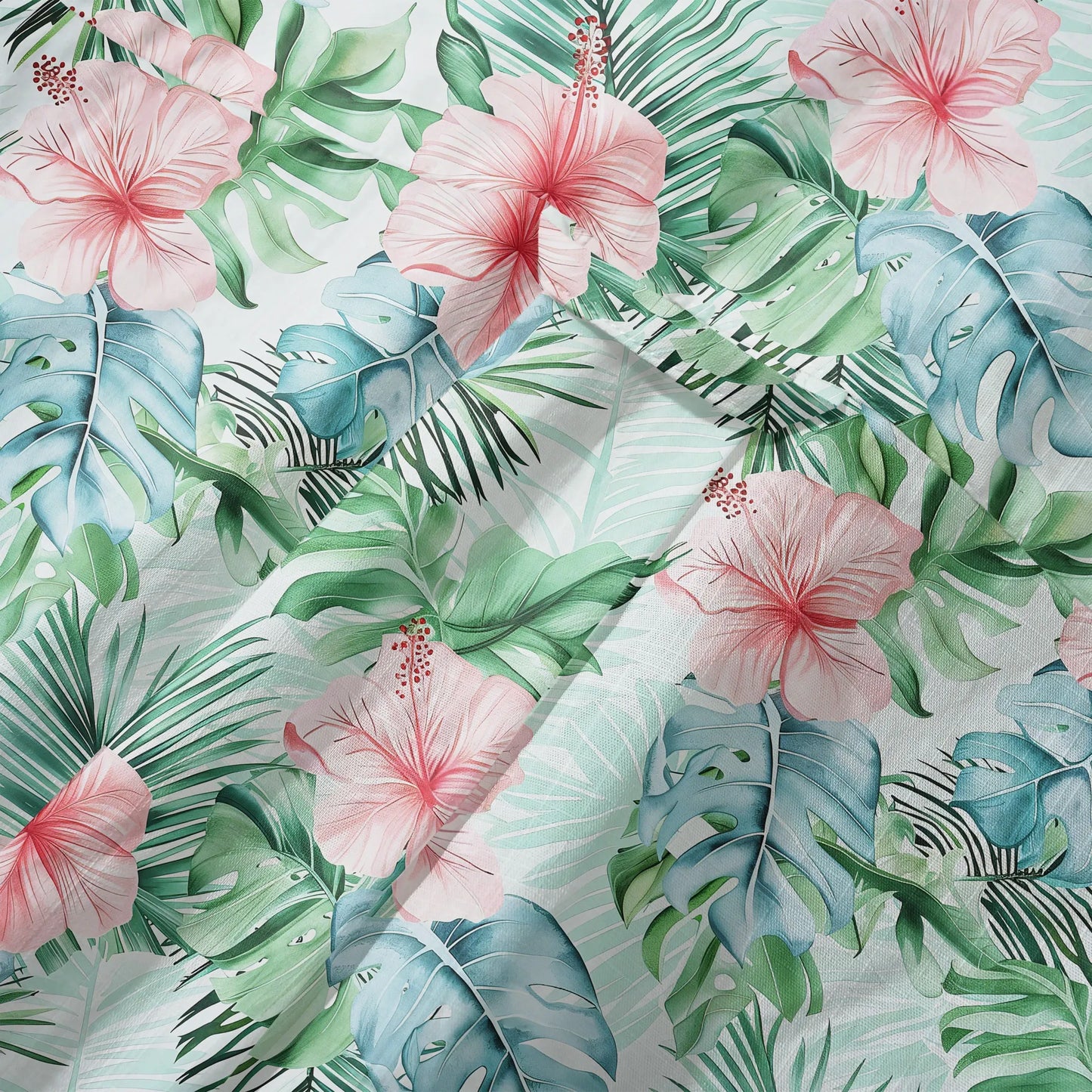 LeosWare® Men's Hawaiian Shirt Short Sleeve Button-up 100% Cotton Green Aloha Powdered Hibiscus Grove
