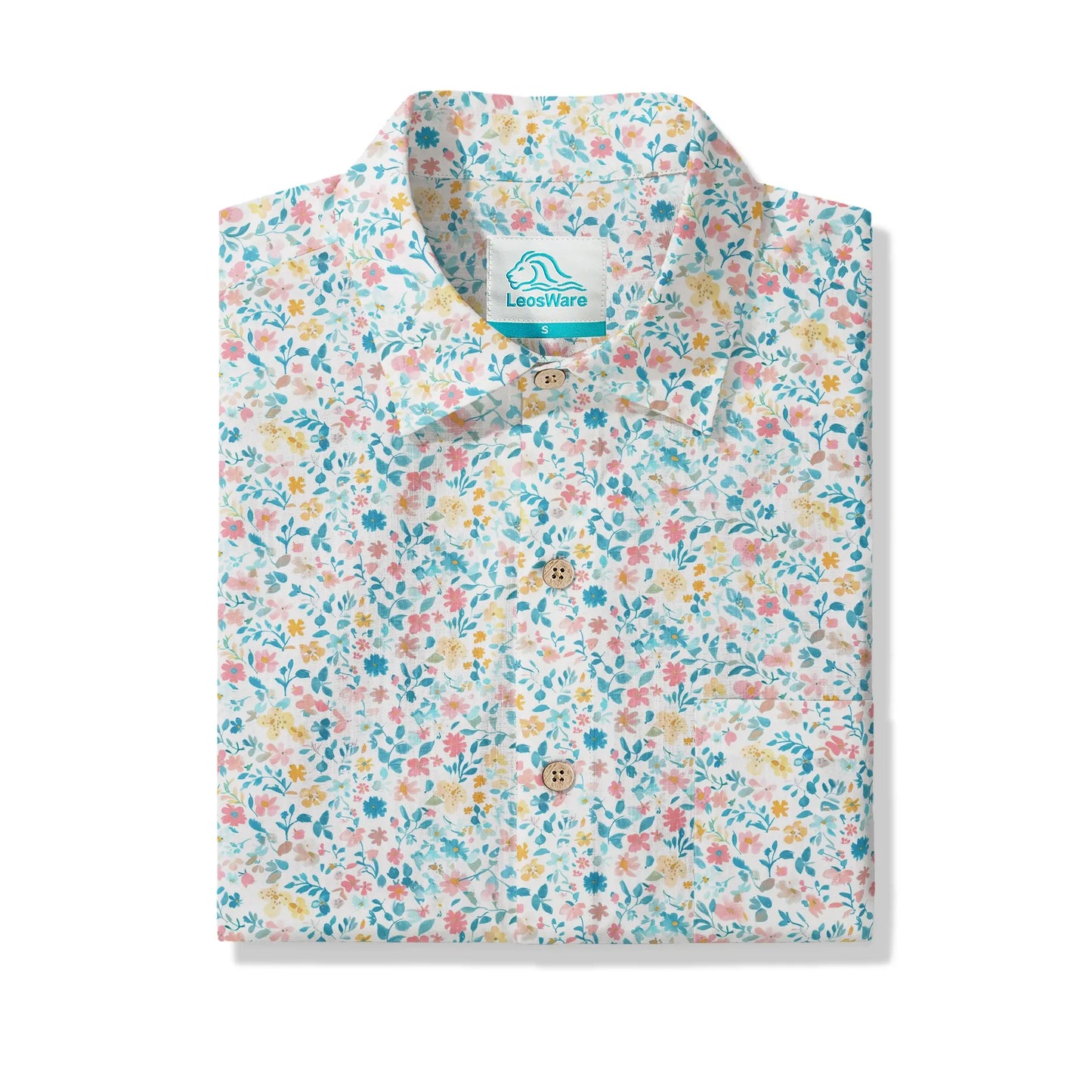 LeosWare® Flower Men's Hawaiian Shirt Short Sleeve Button-up 100% Cotton Beige Aloha Spring Whispers