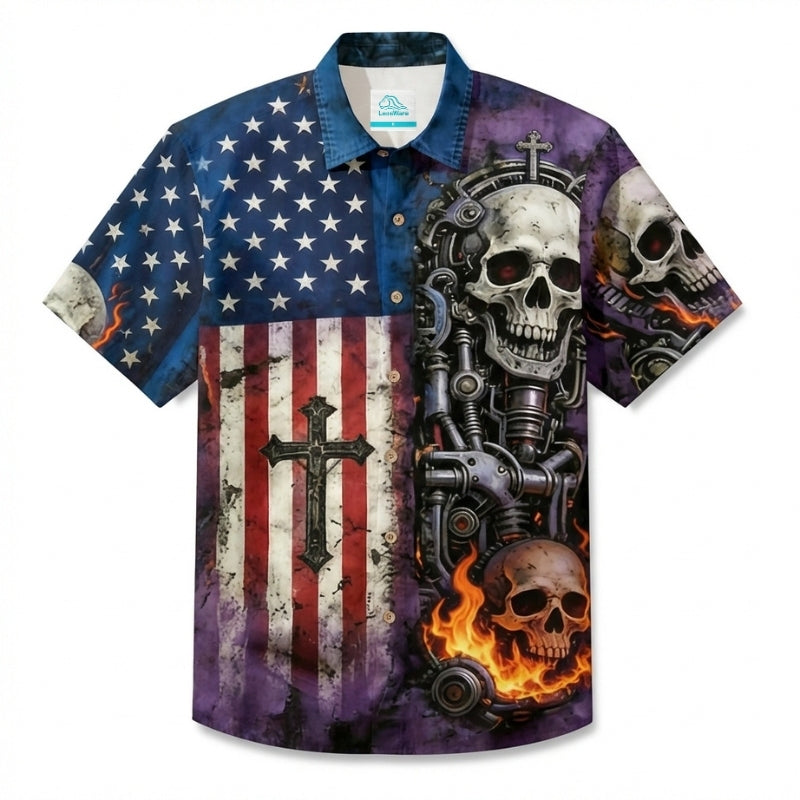 LeosWare® Men's Hawaiian Shirt Short Sleeve Button-up Breathable & Quick-Dry Aloha American Flag Faith Cross Chest Pocket With Wicking Technology