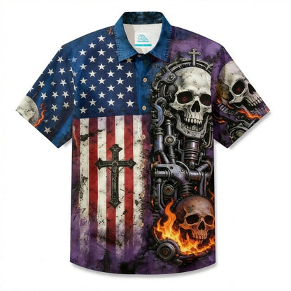 LeosWare® Men's Hawaiian Shirt Short Sleeve Button-up Breathable & Quick-Dry Aloha American Flag Faith Cross Chest Pocket With Wicking Technology