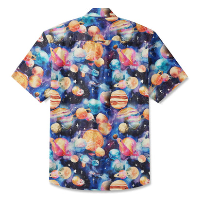 LeosWare® Men's Hawaiian Shirt Short Sleeve Button-up 100% Cotton Blue Aloha Watercolor Star Dream