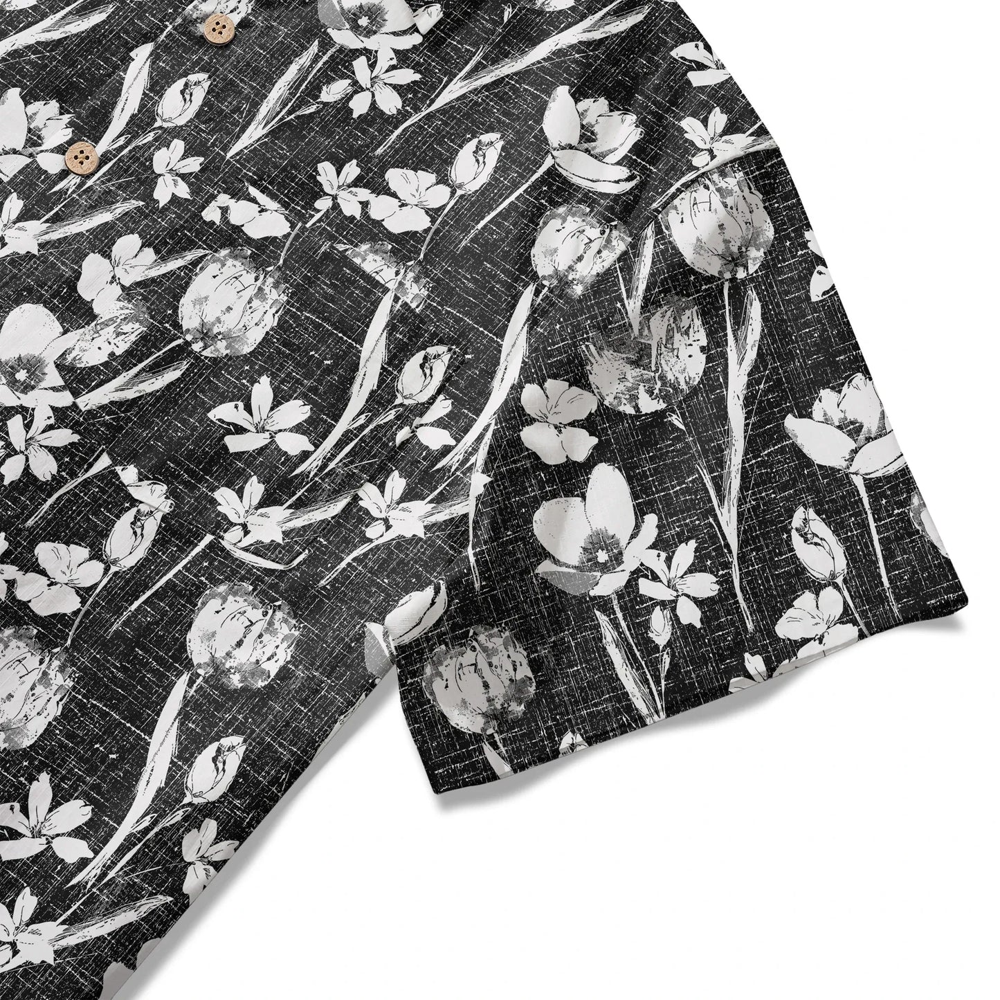 LeosWare® Flower Men's Hawaiian Shirt Short Sleeve Button-up 100% Cotton Black Aloha Ink Strokes And Flower Traces