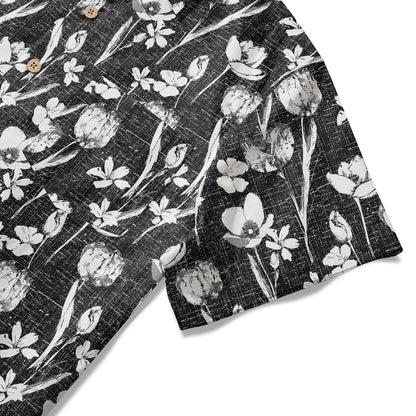 LeosWare® Flower Men's Hawaiian Shirt Short Sleeve Button-up 100% Cotton Black Aloha Ink Strokes And Flower Traces
