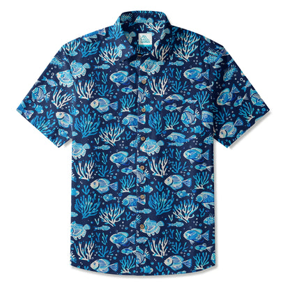 LeosWare® Men's Hawaiian Shirt Short Sleeve Button-up 100% Cotton Blue Coral Aloha Deep Blue Fish Whisper