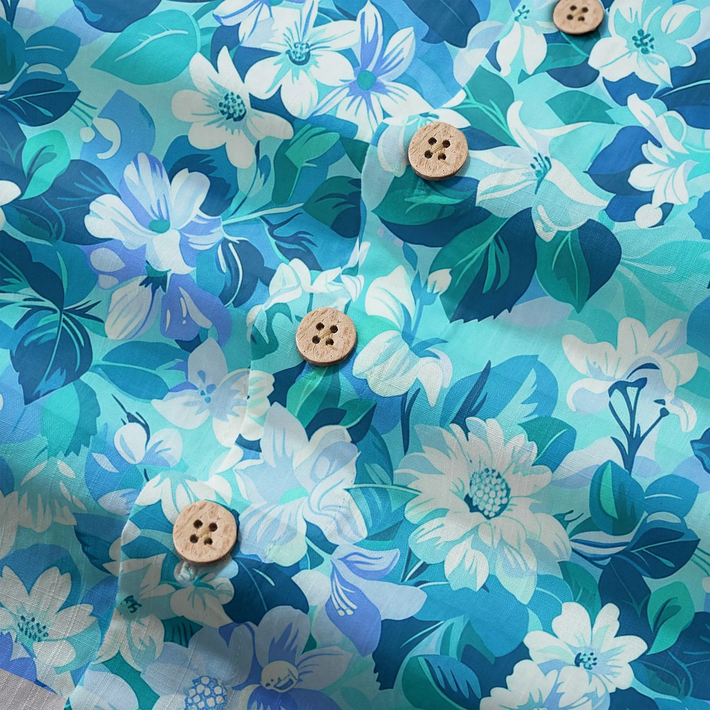 LeosWare® Flower Men's Hawaiian Shirt Short Sleeve Button-up 100% Cotton Blue Aloha Blue Oasis