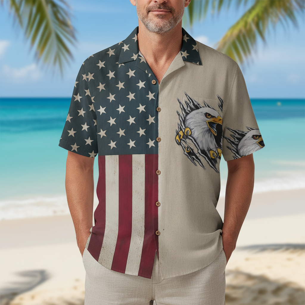 LeosWare® Men's Hawaiian Shirt Short Sleeve Button-up Breathable & Quick-Dry Aloha Memorial Day Patriotic American Flag Eagle