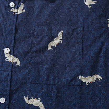 Hawaiian Shirt For Men Crane Print Short Sleeve Cotton Button Down - Blue
