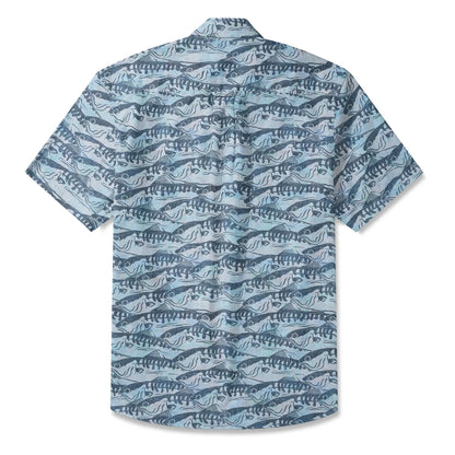 LeosWare® Men's Hawaiian Shirt Short Sleeve Button-up 100% Cotton Blue Aloha Ink Wave Fish Formation
