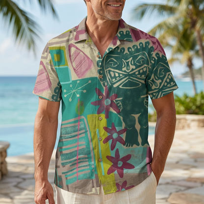 LeosWare® Men's Hawaiian Shirt Short Sleeve Button-up Breathable & Quick-Dry Aloha Vintage Tiki