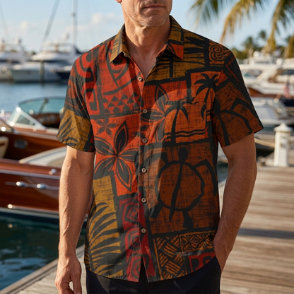 LeosWare® Men's Hawaiian Shirt Short Sleeve Button-up Breathable & Quick-Dry Aloha Tiki Mood(Burnt Orange)