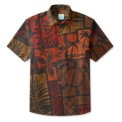 LeosWare® Men's Hawaiian Shirt Short Sleeve Button-up Breathable & Quick-Dry Aloha Tiki Mood(Burnt Orange)