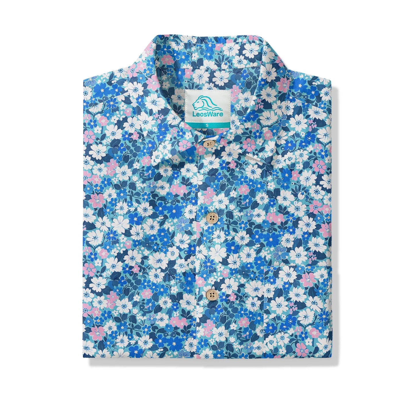LeosWare® Flower Men's Hawaiian Shirt Short Sleeve Button-up 100% Cotton Blue Aloha Blue Sea Flower Trail