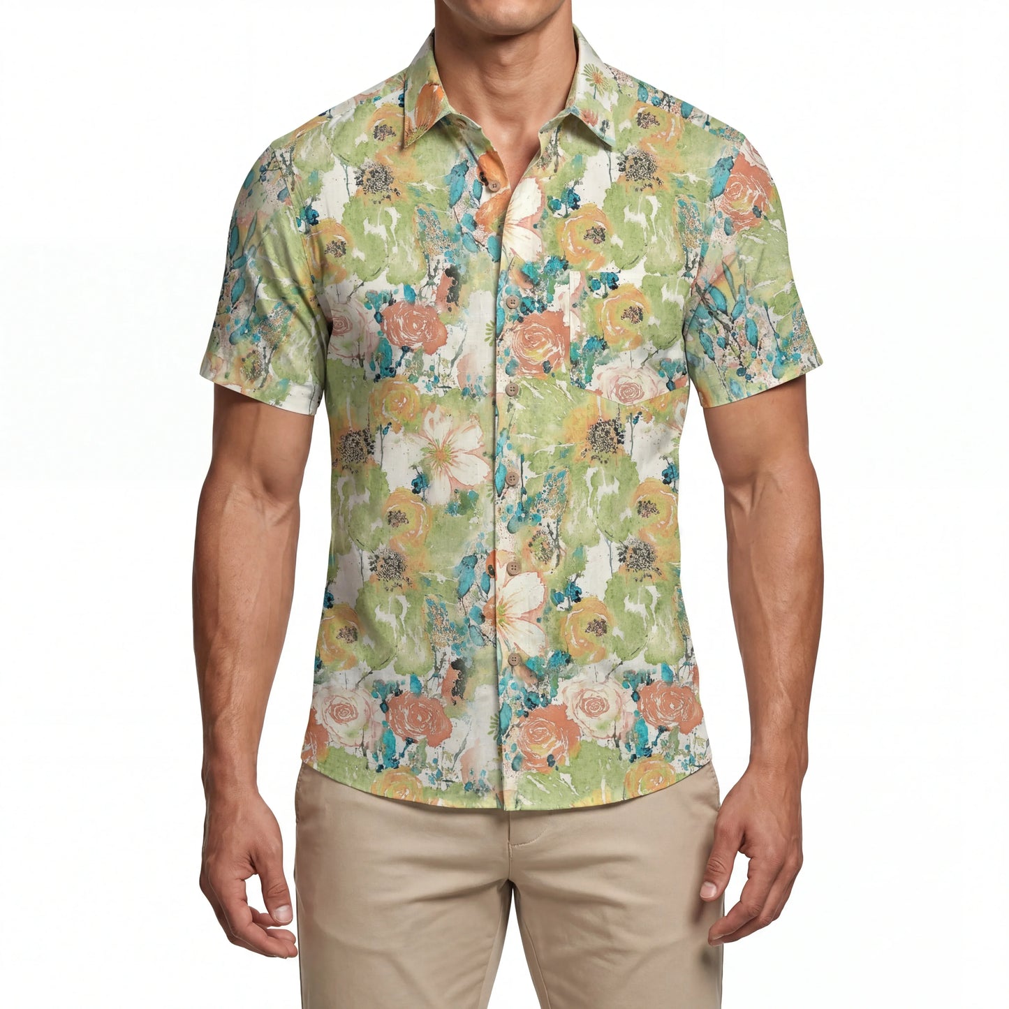 LeosWare® Men's Hawaiian Shirt Short Sleeve Button-up 100% Cotton Green Aloha Fresh Natural Impressions