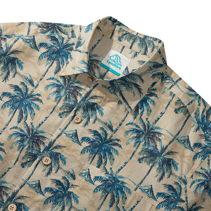 LeosWare® Men's Hawaiian Shirt Short Sleeve Button-up 100% Cotton Blue Aloha Blue Coconut Island Shadow