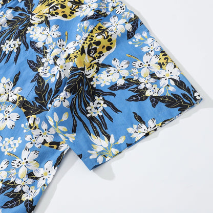 1930s Vintage Hawaiian Shirt For Men Flower Tree and Leopard Print Short Sleeve Cotton Button Down
