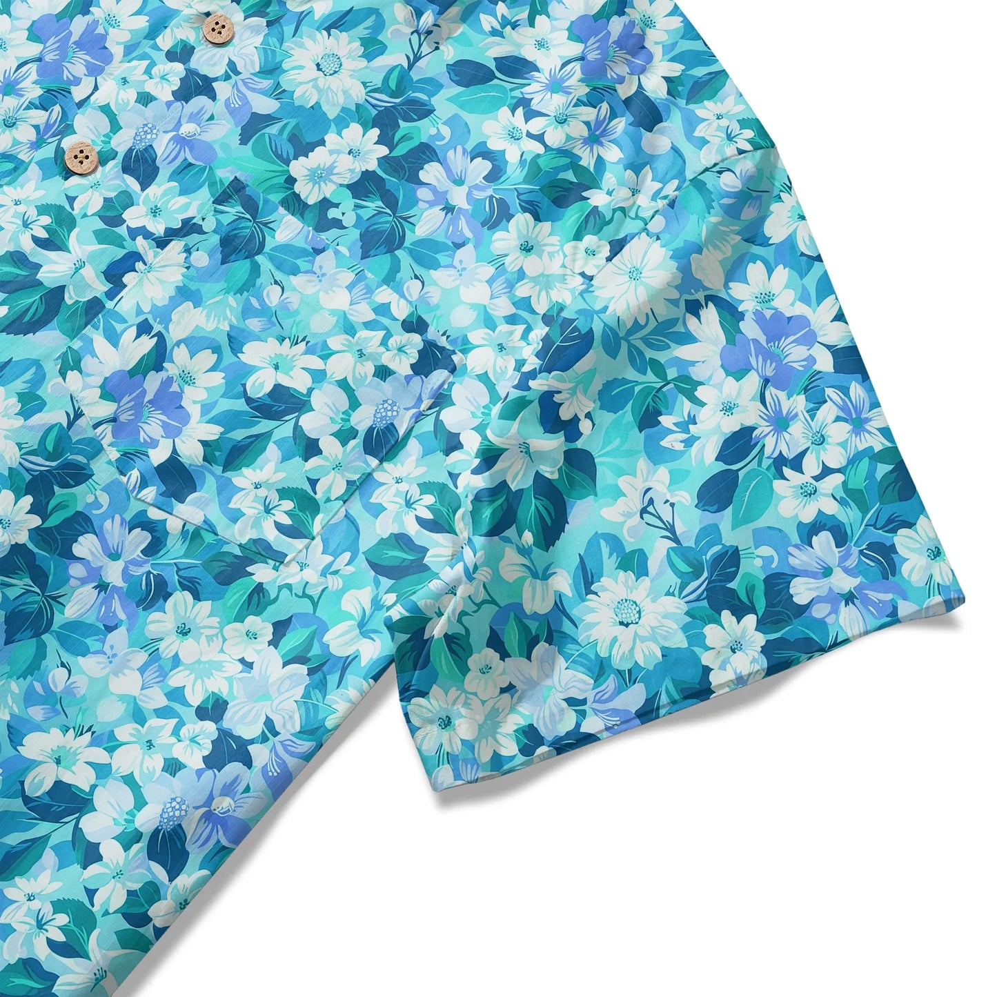 LeosWare® Flower Men's Hawaiian Shirt Short Sleeve Button-up 100% Cotton Blue Aloha Blue Oasis