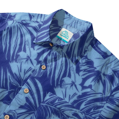LeosWare® Hibiscus Flower Men's Hawaiian Shirt Short Sleeve Button-up 100% Cotton Blue Aloha Blue Serenity