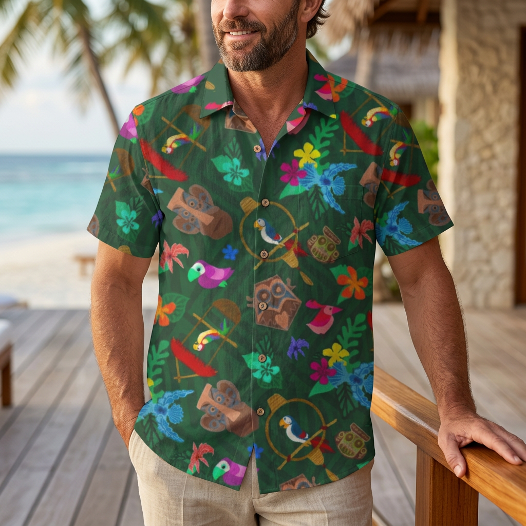 LeosWare® Men's Hawaiian Shirt Short Sleeve Button-up Breathable & Quick-Dry Aloha Tropical Beats