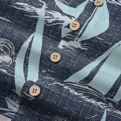 LeosWare® Sailboat Men's Hawaiian Shirt Short Sleeve Button-up 100% Cotton Blue Aloha Sailing To The Horizon