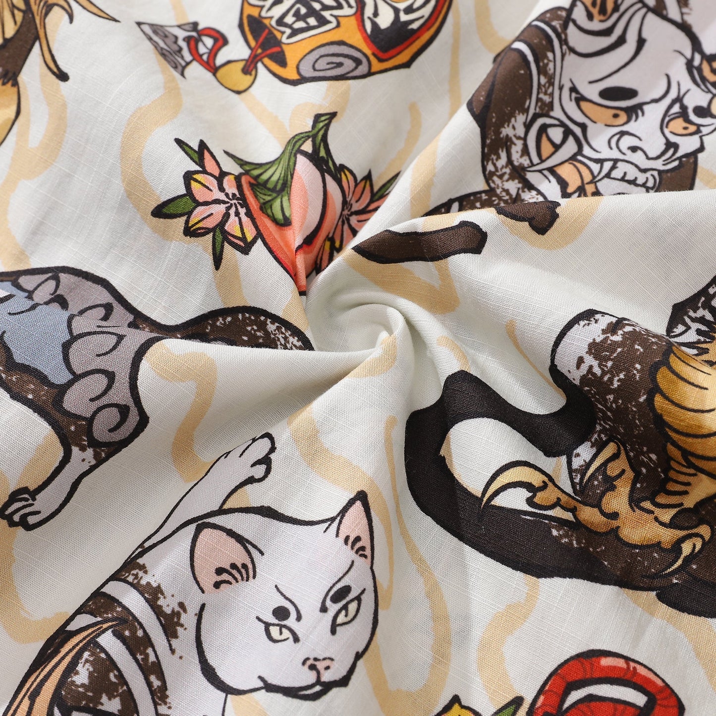 Cat Hawaiian Shirt For Men Ukiyo-e Art Print Camp Collar 100% Cotton Short Sleeve Shirt