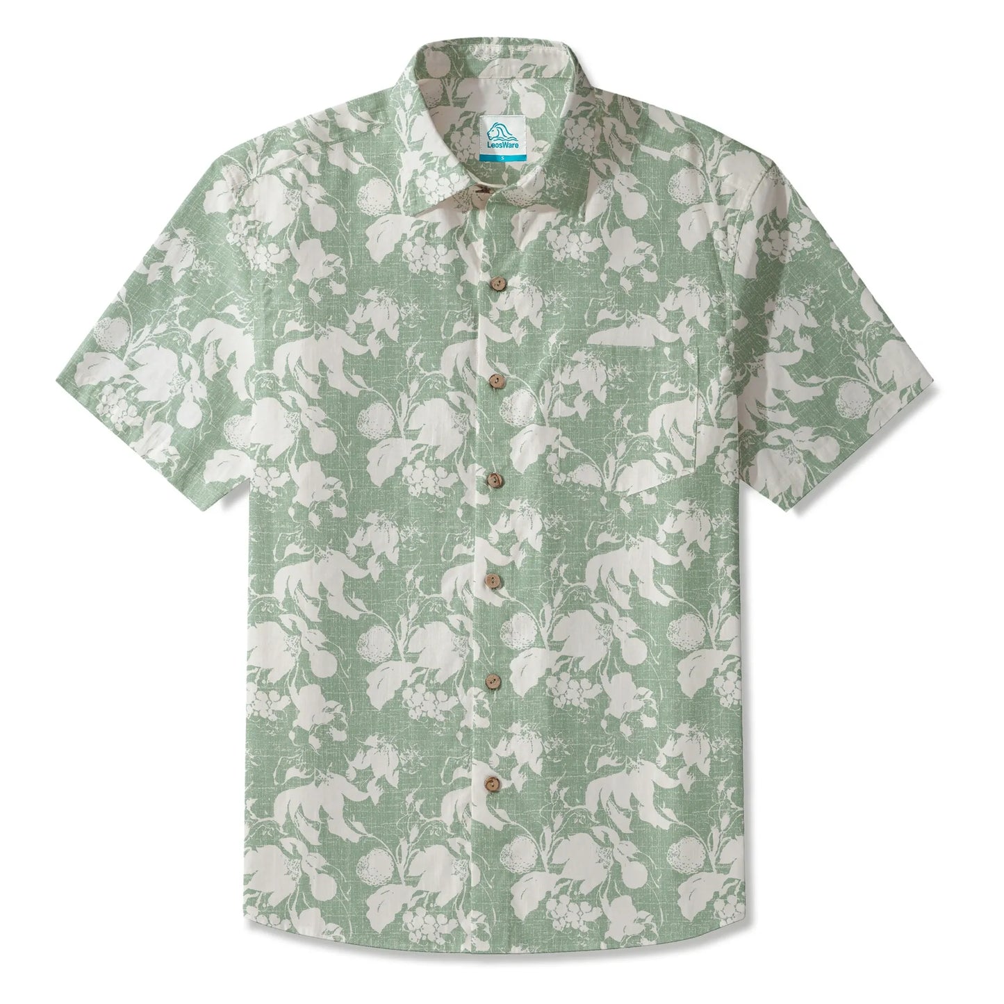 LeosWare® Flower Men's Hawaiian Shirt Short Sleeve Button-up 100% Cotton Green Aloha Verdant Memoirs