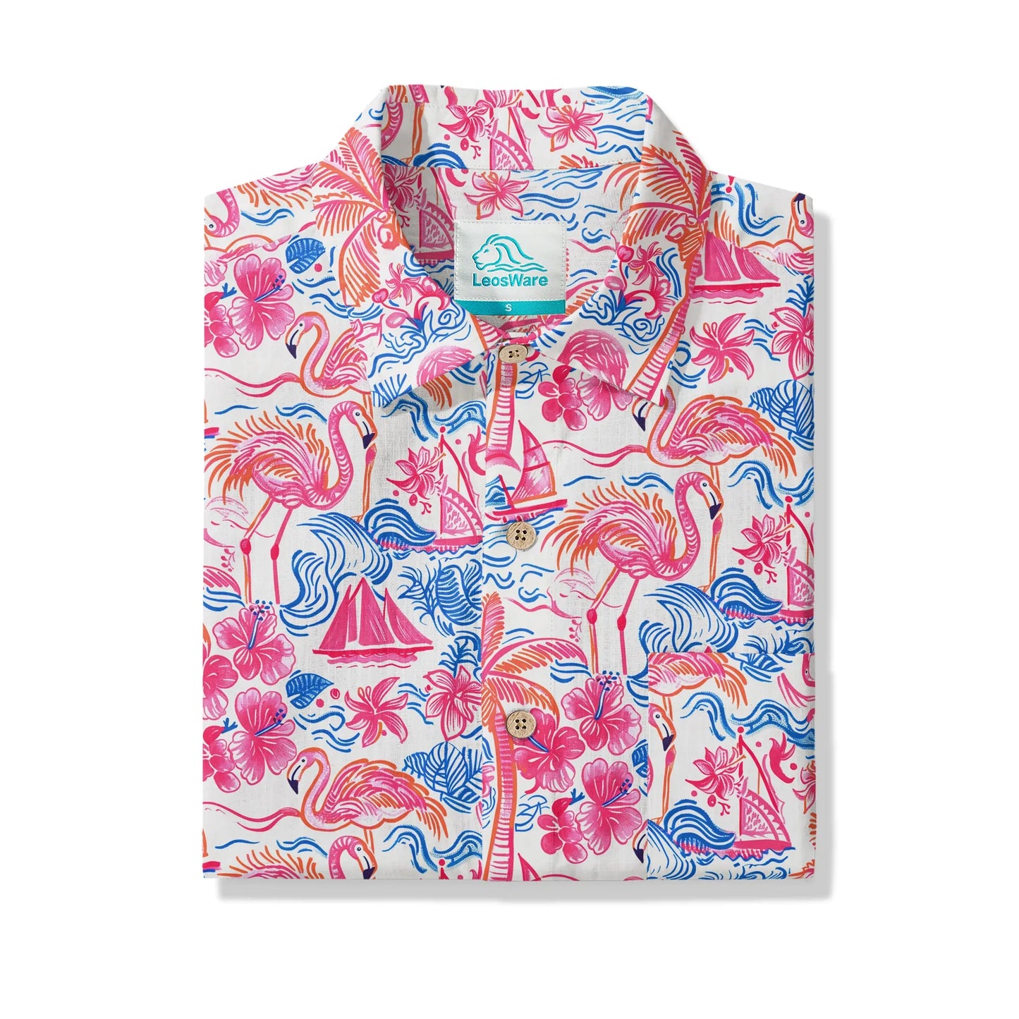 LeosWare® Men's Hawaiian Shirt Short Sleeve Button-up 100% Cotton Aloha Tropical Fire Bay