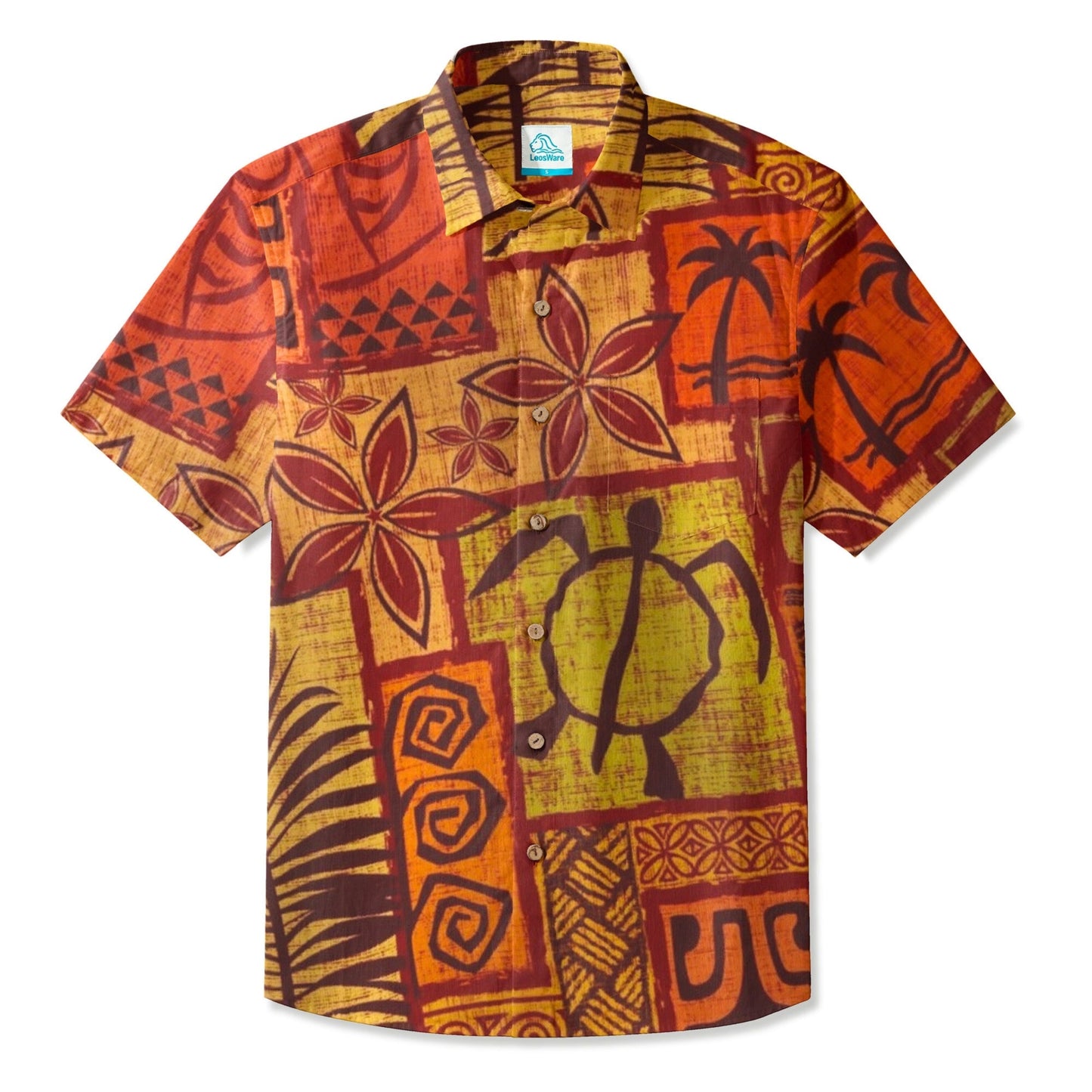 LeosWare® Men's Hawaiian Shirt Short Sleeve Button-up Breathable & Quick-Dry Aloha Tropical Tiki Mood(Sunset Orange)