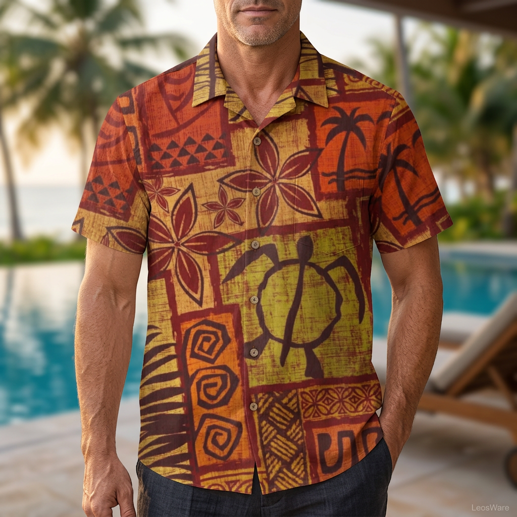 LeosWare® Men's Hawaiian Shirt Short Sleeve Button-up Breathable & Quick-Dry Aloha Tropical Tiki Mood(Sunset Orange)