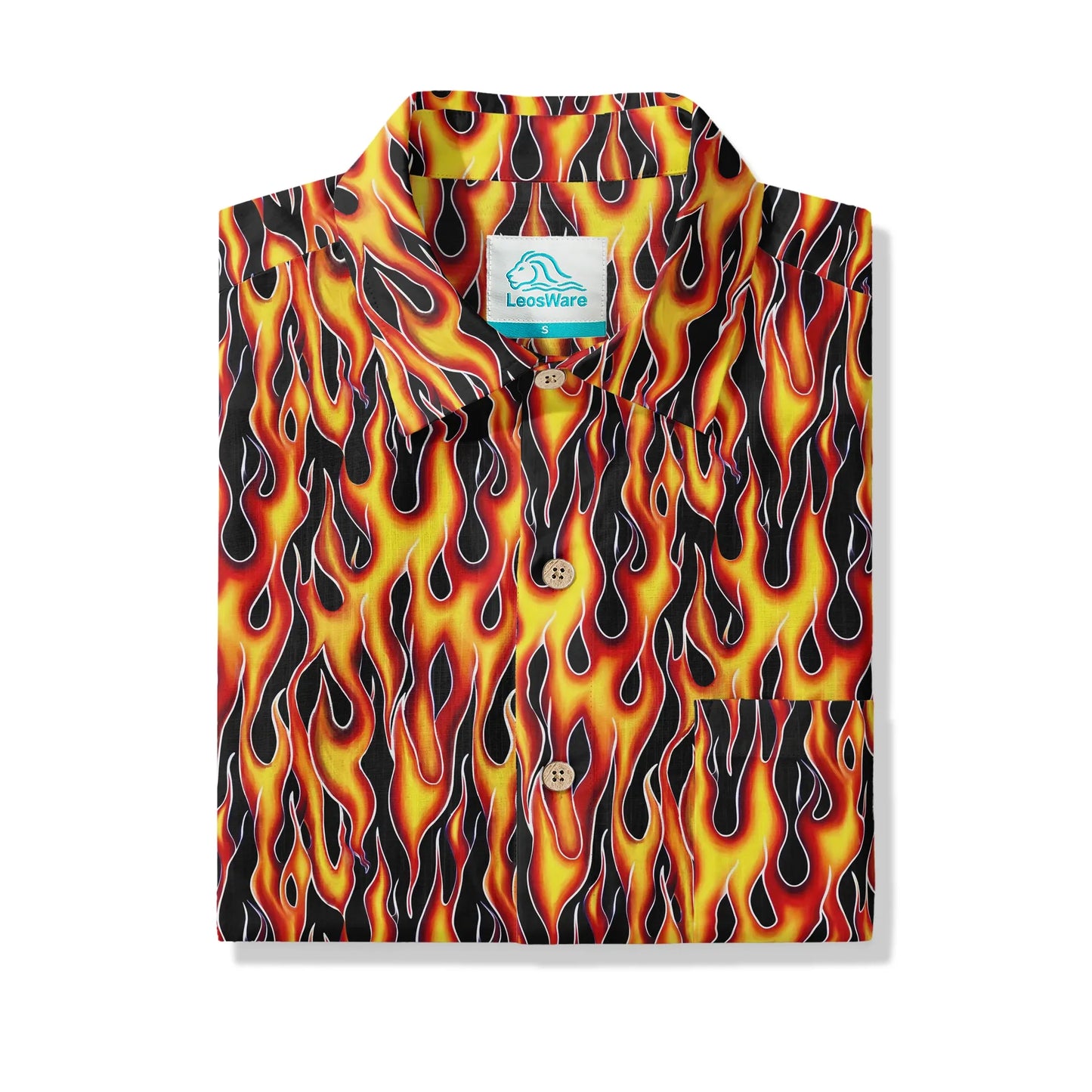 LeosWare® Flames Men's Hawaiian Shirt Short Sleeve Button-up 100% Cotton Yellow Aloha Flame Surge