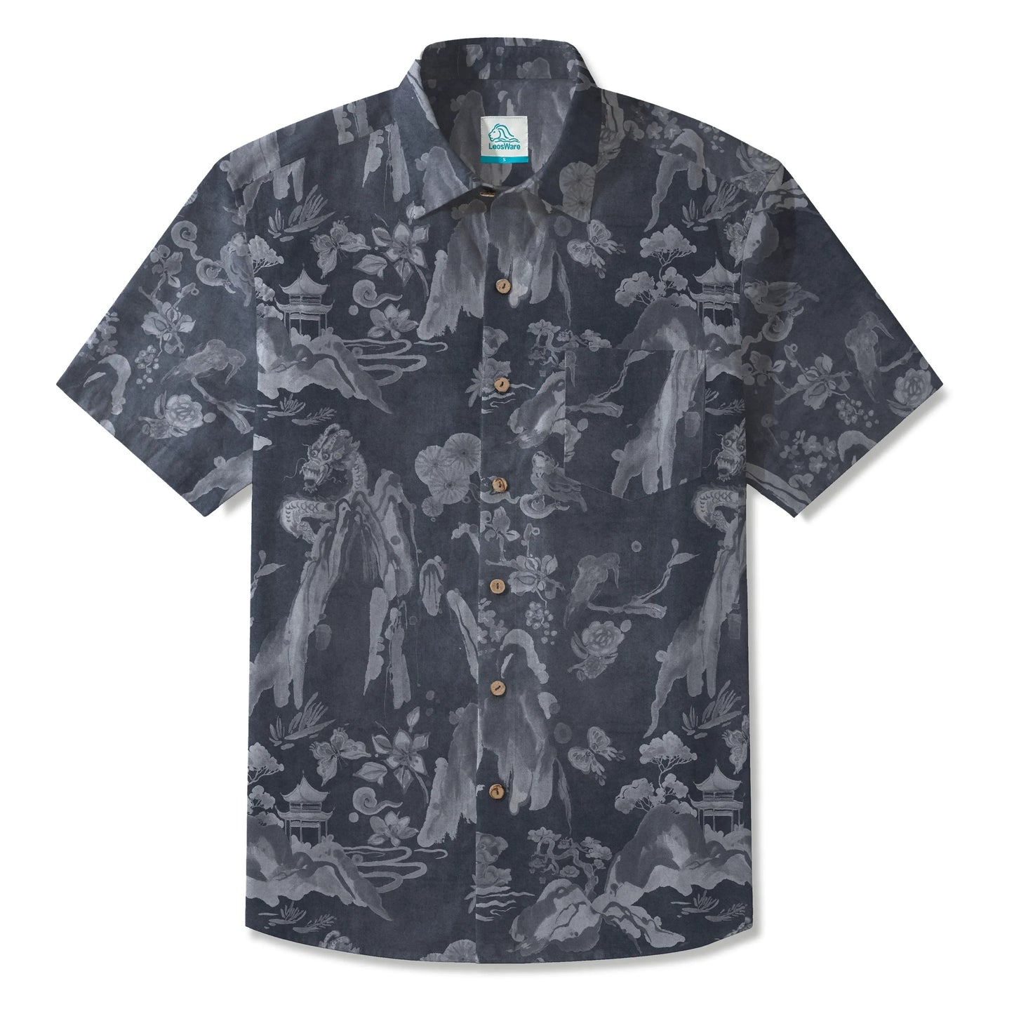 LeosWare® Men's Hawaiian Shirt Short Sleeve Button-up 100% Cotton Gray Aloha Eastern Mountain Ranges And Dragons