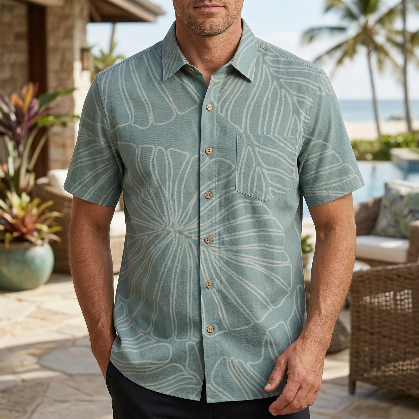LeosWare® Men's Hawaiian Shirt Short Sleeve Button-up 95% Polyester, 5% Spandex Aloha Tranquil Sea