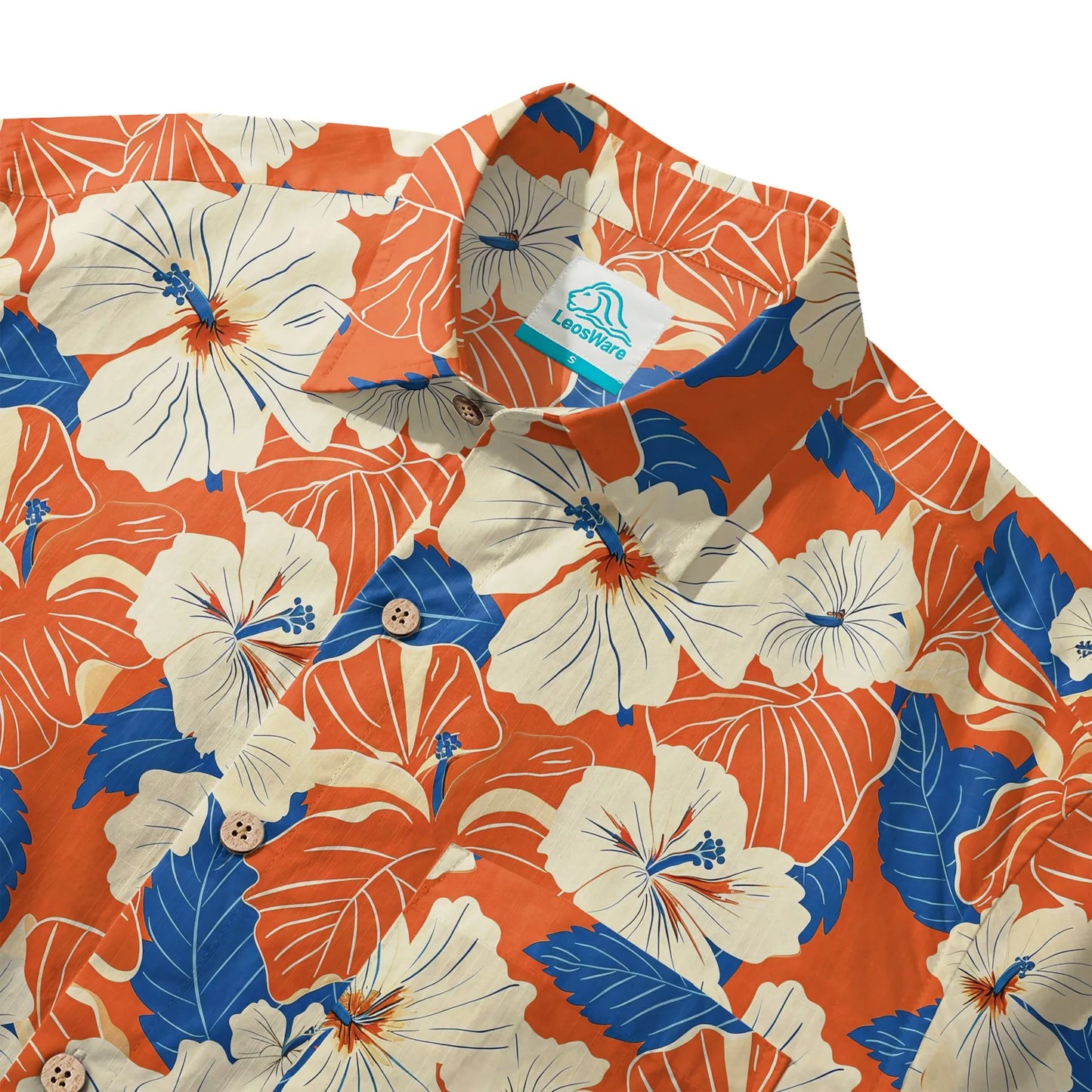 LeosWare® Men's Hawaiian Shirt Short Sleeve Button-up 100% Cotton Orange Aloha Orange Blue Hibiscus Whispers