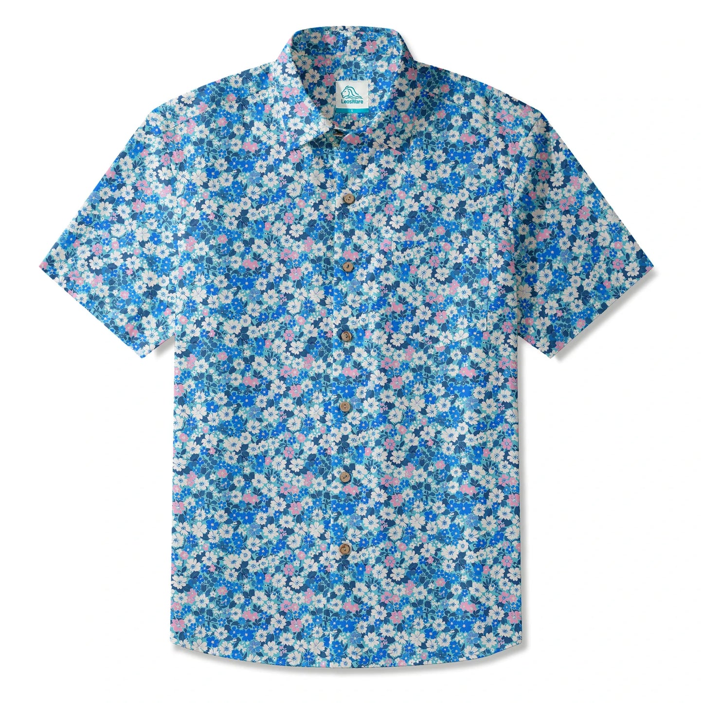 LeosWare® Flower Men's Hawaiian Shirt Short Sleeve Button-up 100% Cotton Blue Aloha Blue Sea Flower Trail