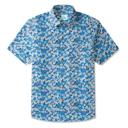 LeosWare® Flower Men's Hawaiian Shirt Short Sleeve Button-up 100% Cotton Blue Aloha Blue Sea Flower Trail