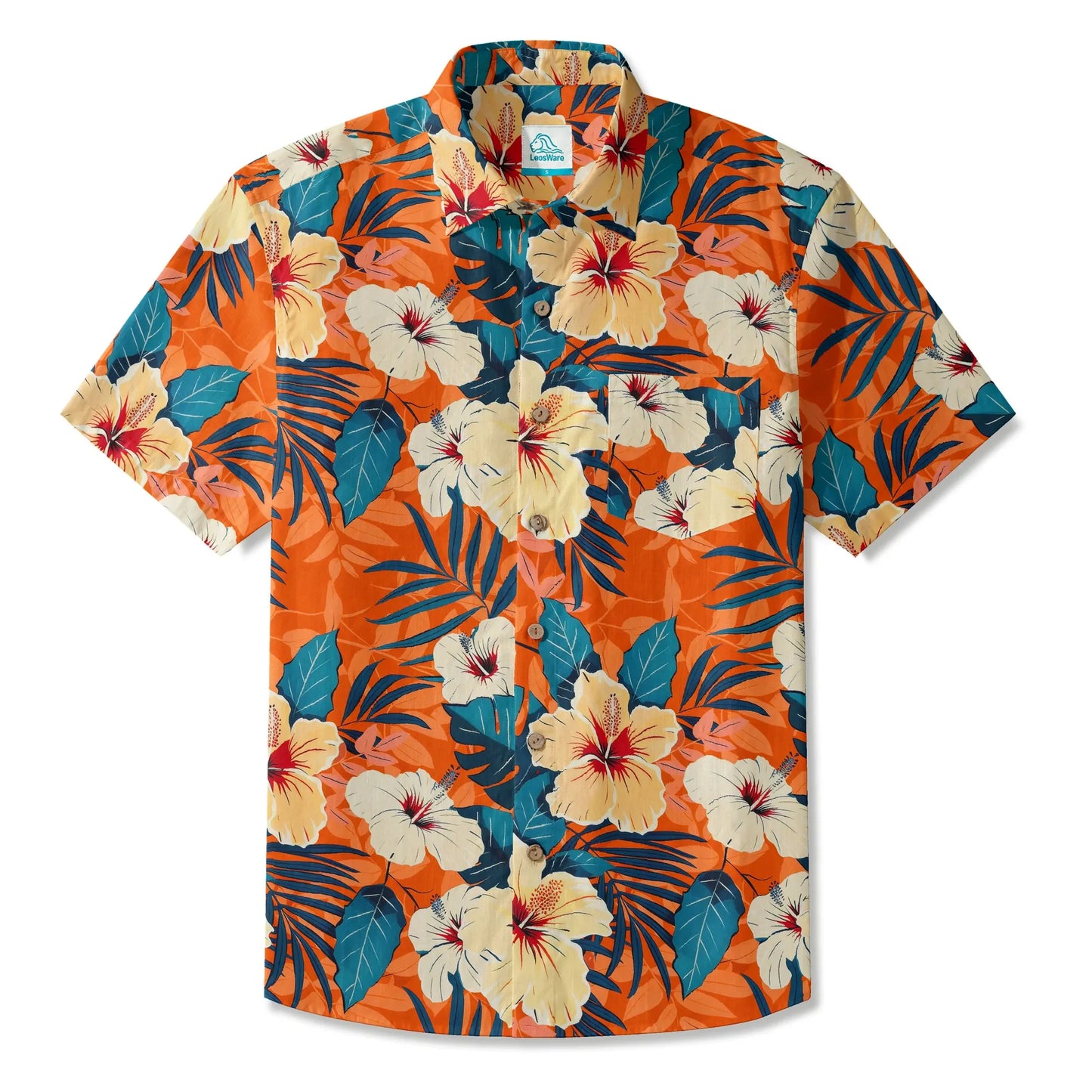 LeosWare® Men's Hawaiian Shirt Short Sleeve Button-up 100% Cotton Orange Aloha Blooming Orange Hibiscus