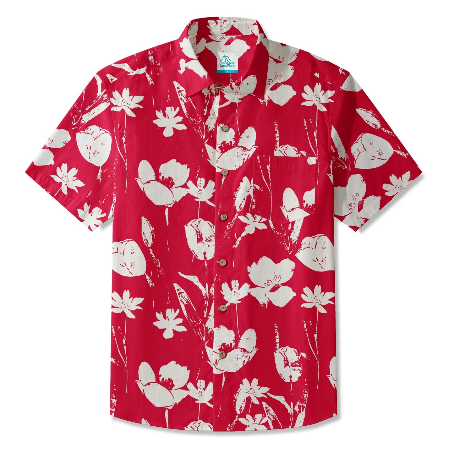 LeosWare® Flower Men's Hawaiian Shirt Short Sleeve Button-up 100% Cotton Red Aloha Red Earth Aroma